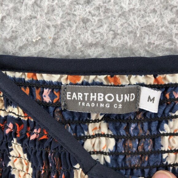 Earthbound Dress Womens Medium Navy Multi Fit & Flare Smocked Bodice Sweetheart - Picture 6 of 11